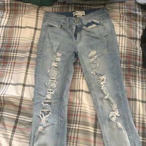 Low rise skinny distressed jeans, acid wash